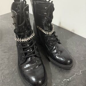 Express Black Croc-Patterned Boots with Sparkling Accents